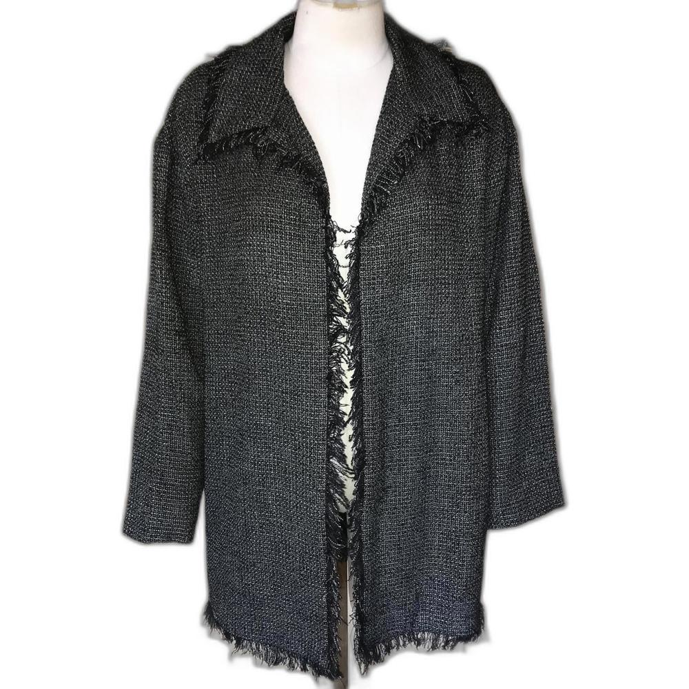 Coldwater Creek Black Gray White Tweed Fringe Trim Mid Length Open Front Jacket